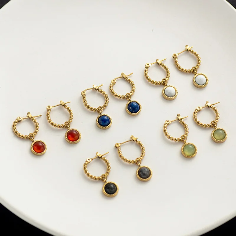 Hot Sales Wholesale Titanium Steel Stainless Steel Retro Twist Ear Hoop Round Pendant Natural Stone Earrings Studs for Female
Hot Sales Wholesale Titanium Steel Stainless Steel Retro Twist Ear Hoop Round Pendant Natural Stone Earrings Studs for Female