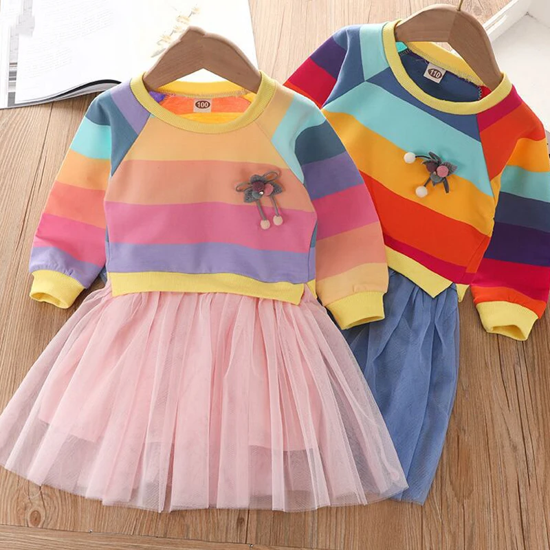 Girls' Dresses for Fall New Children's Long-sleeved Rainbow Striped Sweater Foreign-style Baby Net Yarn Princess Dress
Girls' Dresses for Fall New Children's Long-sleeved Rainbow Striped Sweater Foreign-style Baby Net Yarn Princess Dress