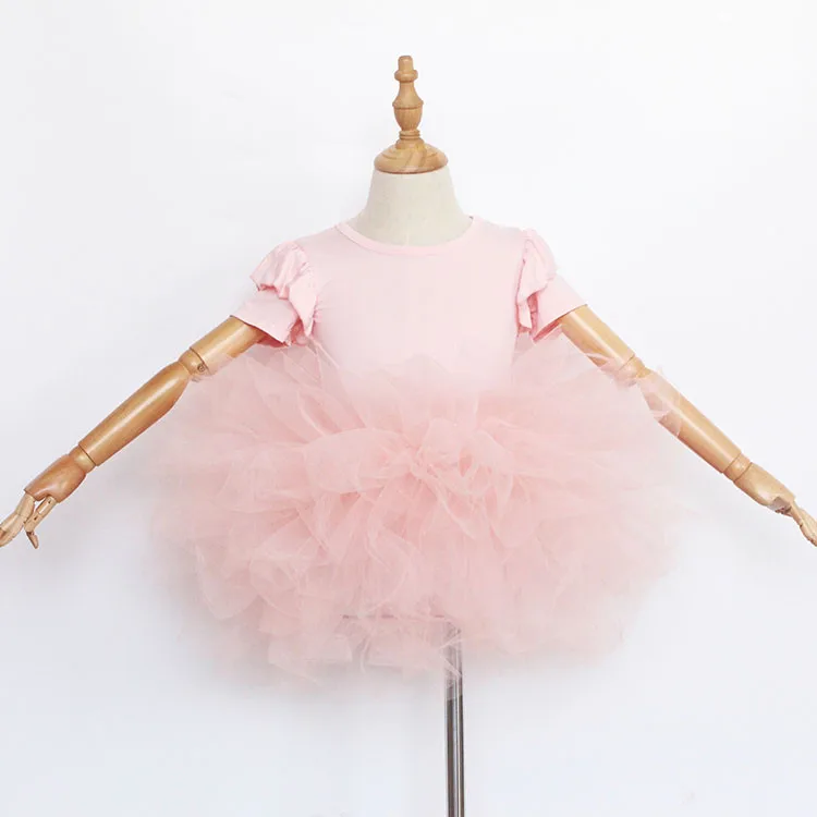 

High quality baby pink yarn short sleeve spring girl princess dresses