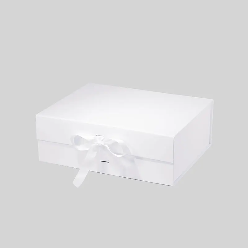 

A4 deep plain white luxury retail clothing packaging magnetic closure gift box with changeable ribbon