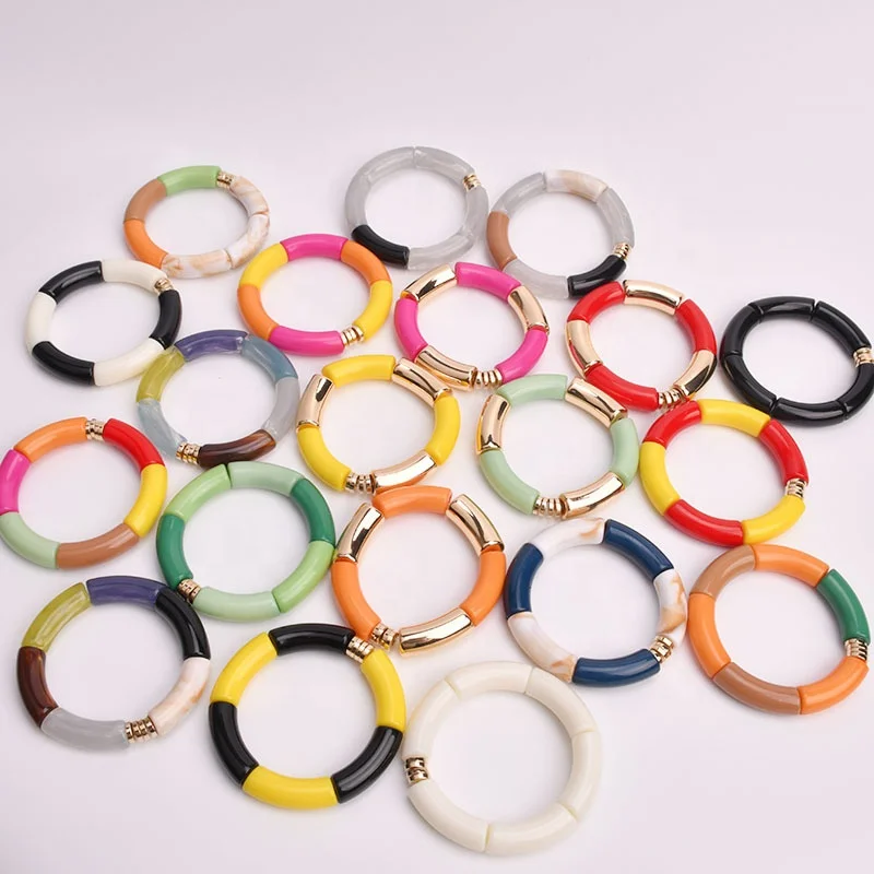 New Arrival High Polished Curved Tube Bracelet Trendy Colorful Acrylic Resin Lucite Beaded Elastic Bangle for Women, Customized color
New Arrival High Polished Curved Tube Bracelet Trendy Colorful Acrylic Resin Lucite Beaded Elastic Bangle for Women, Customized color