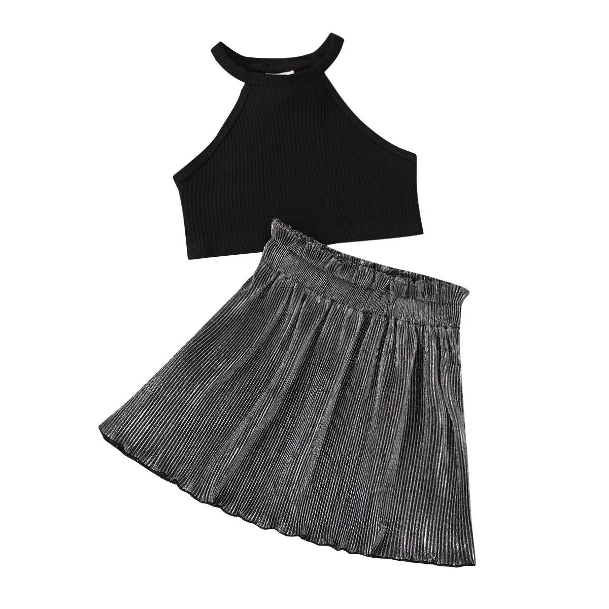New Summer Children Clothing Sets Ribbed Halter Crop Top Blouse + Shiny Pleated Skirt Two Pieces Suit
New Summer Children Clothing Sets Ribbed Halter Crop Top Blouse + Shiny Pleated Skirt Two Pieces Suit