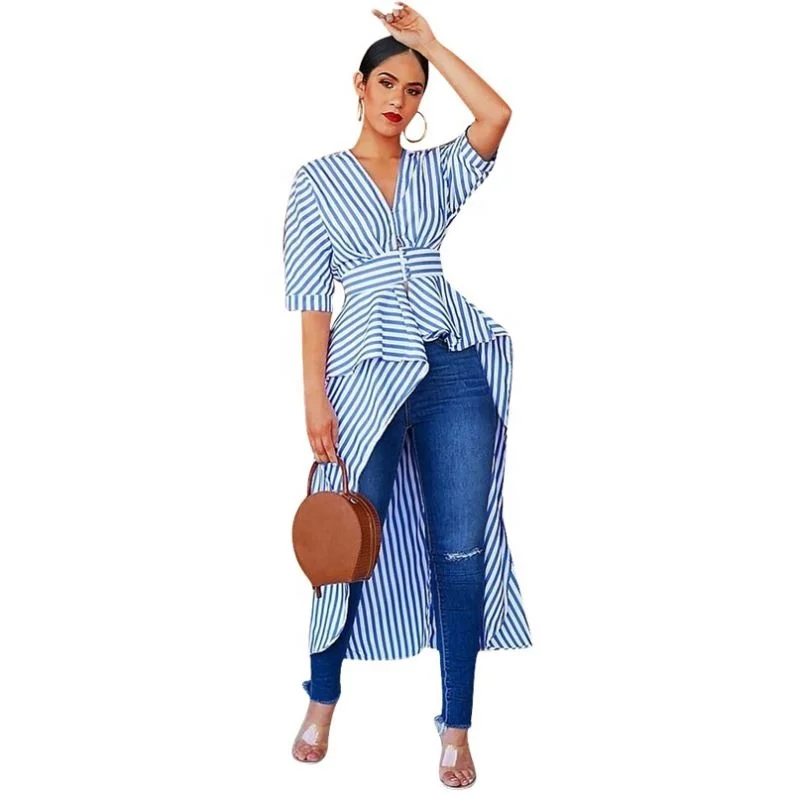 Fashion Custom Women V-Neck Striped Tie Up Shirt High Low Hem Short Sleeve Blouse, Pink, blue, black
Fashion Custom Women V-Neck Striped Tie Up Shirt High Low Hem Short Sleeve Blouse, Pink, blue, black