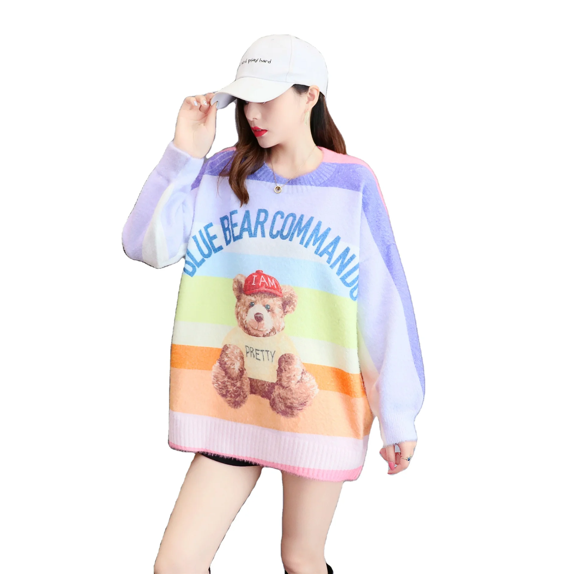 Factory custom Letter logo rainbow stripes bear design print sweaters loose plus size long sleeve cotton sweater women
Factory custom Letter logo rainbow stripes bear design print sweaters loose plus size long sleeve cotton sweater women