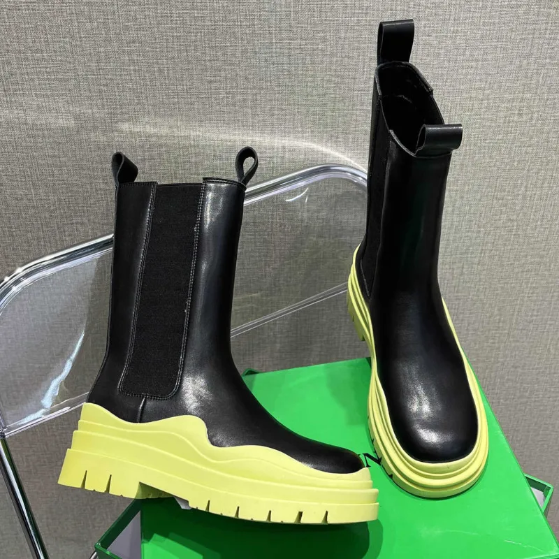 

2021 New Arrivals Genuine Leather Thick Soled Chelsea Women's White Waterproof Women Boots, Black, green, pink, blue