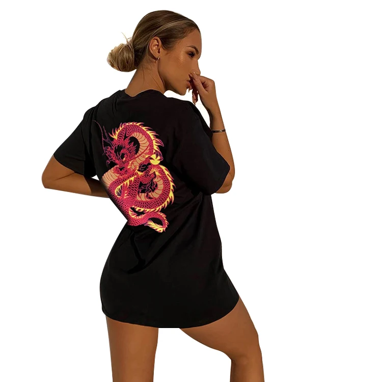 Hot Black Color Polyester China Dragon Printed Medium length Short sleeve Ladies T-shirt Dress Women
Hot Black Color Polyester China Dragon Printed Medium length Short sleeve Ladies T-shirt Dress Women