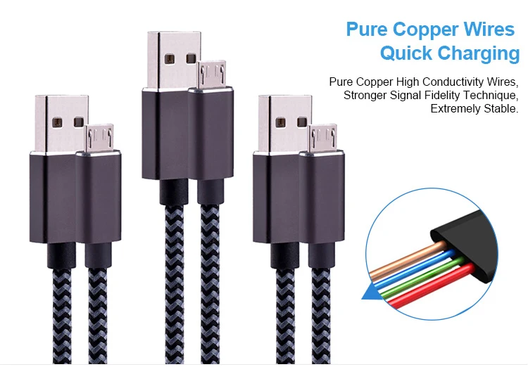 Round 1M 2A Tinned Copper Polyester Braided Mobile Phone Micro B Charger Cable For Android - ANKUX.COM