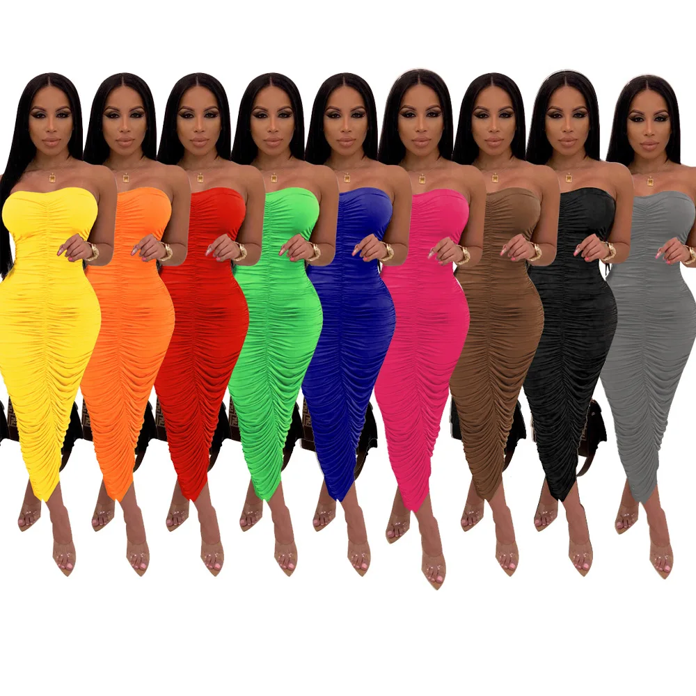 

Wholesale Women's Green Nude Tight Sexy Spandex Club Dress Strapless Dress Ladies Ruched Bodycon Sleeveless Cheap Club dresses, This type has 8 colors cheap club dresses