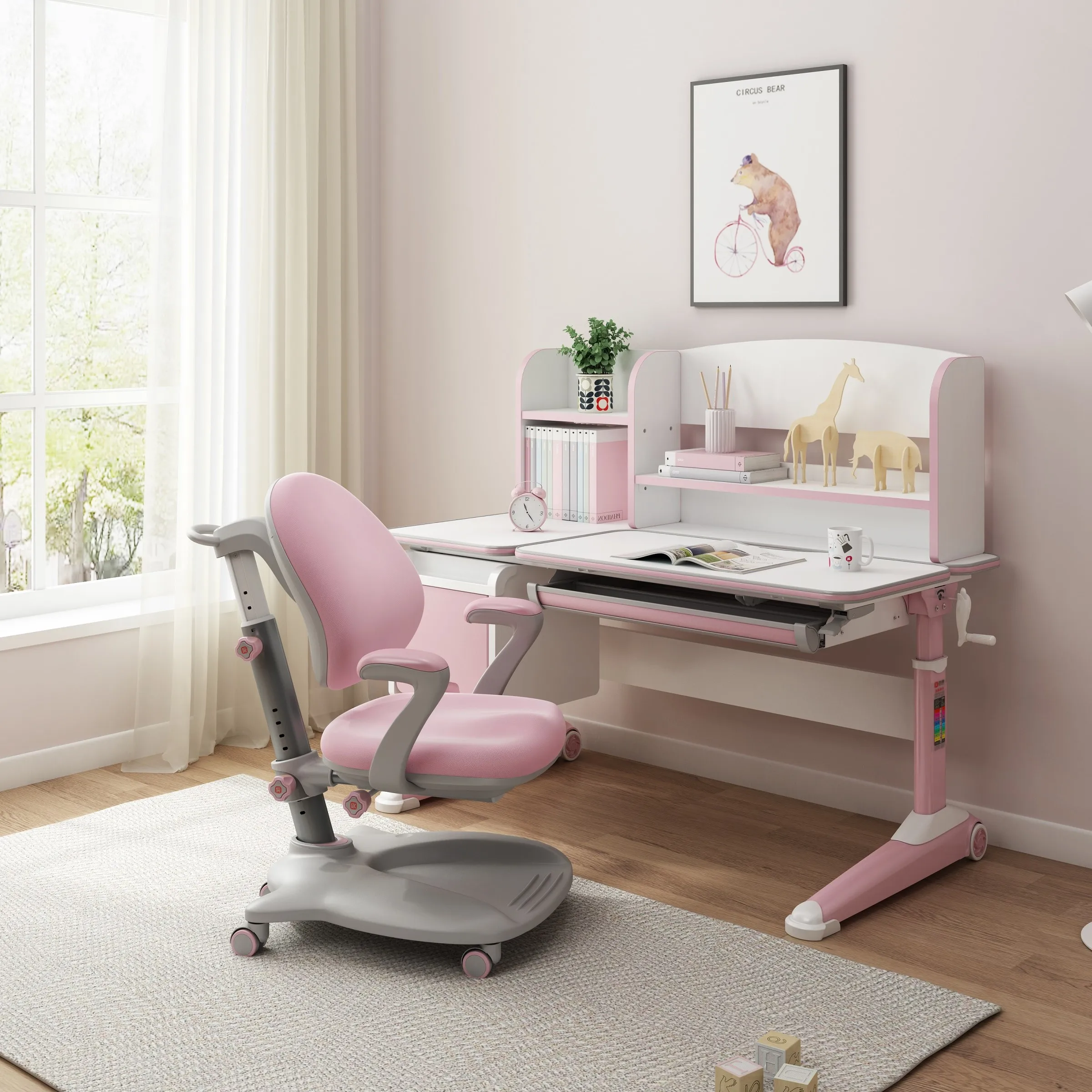 pink study table and chair
