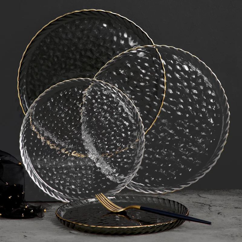 Wholesale Luxury clear glass plate Charger Plates with gold rim for dinner or hotel, White/gray 
Wholesale Luxury clear glass plate Charger Plates with gold rim for dinner or hotel, White/gray