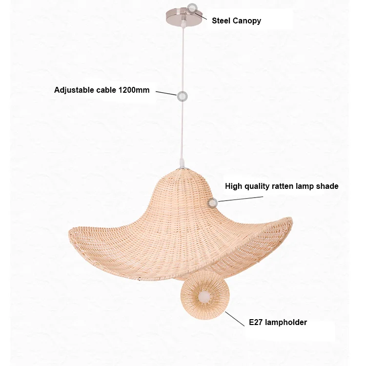 Straw hat shape handmade  rattan woven natural bamboo wooden chandeliver for resort restaurant pendant light