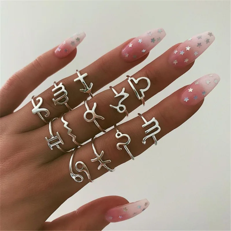 2021 new design vintage punk 12 zodiac joint ring astronomical letter 12 piece ring set, Antique silver color
2021 new design vintage punk 12 zodiac joint ring astronomical letter 12 piece ring set, Antique silver color