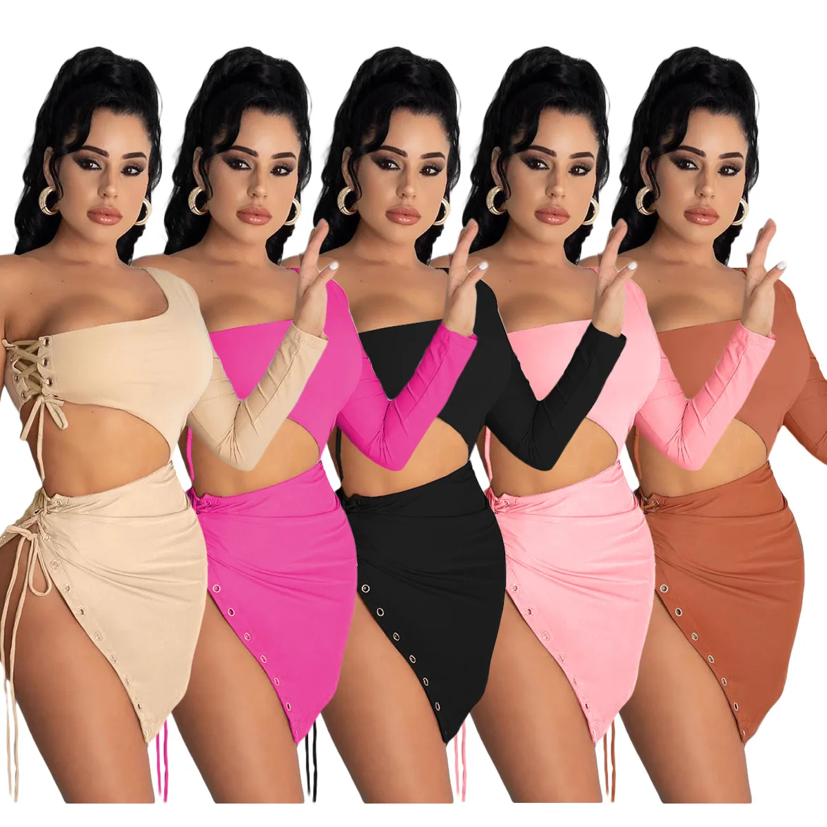 H6252 - fashion sexy one shoulder strap hollow out crop top and skirt women two piece set
H6252 - fashion sexy one shoulder strap hollow out crop top and skirt women two piece set