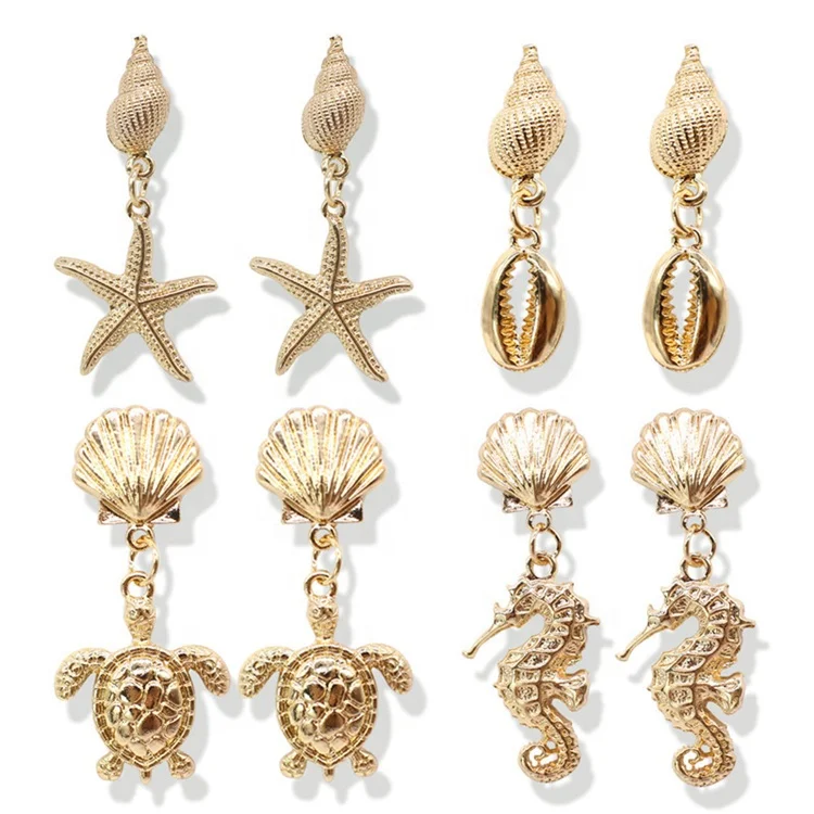 

Bohemian Summer Ocean Beach Gold Metal Conch Seahorse Turtle Starfish Shell Earrings Sea Shell Drop Earrings, Picture shows