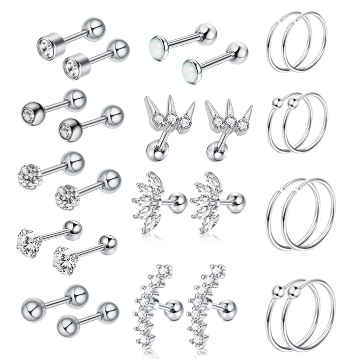 

26pcs/set Surgical Steel Helix Cartilage Earring Daith Rook Piercing Lip Rings Labret Stud Monroe Zircon Helix Piercing Jewelry, Gold/silver/rose gold
