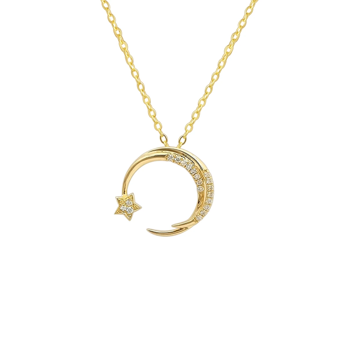 New Arrival 18k Yellow gold Necklace Star Moon Pendant with Natural Diamond Customized Design
New Arrival 18k Yellow gold Necklace Star Moon Pendant with Natural Diamond Customized Design