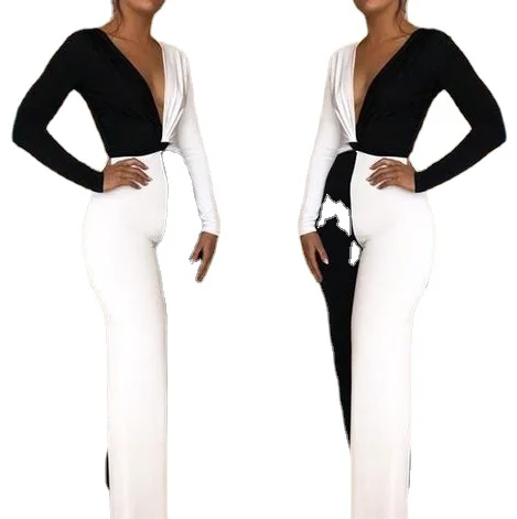 2021 New High-quality Long Sleeve V-neck Patchwork Black White Stretch Jumpsuit Women Wide Leg Pants Club Party Jumpsuits
2021 New High-quality Long Sleeve V-neck Patchwork Black White Stretch Jumpsuit Women Wide Leg Pants Club Party Jumpsuits