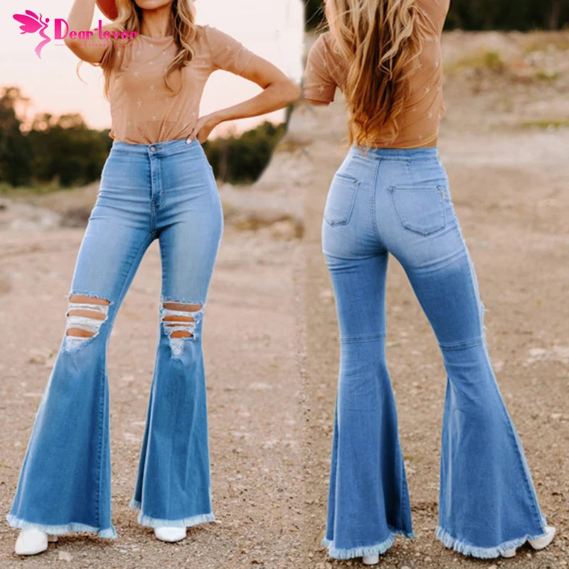 

Customized Women Skinny Destroyed Bell Denim Sky Blue High Waist Raw Hem Button Ripped Flare Jeans