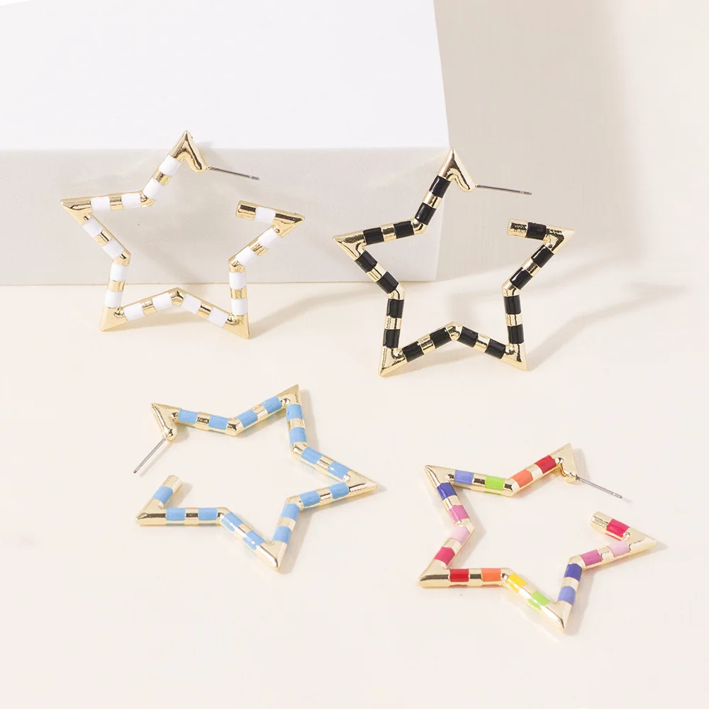 Exquisite Colorful Alloy Star Earrings Blue Stripe Hollow Large Star Hoop Earring For Ladies
Exquisite Colorful Alloy Star Earrings Blue Stripe Hollow Large Star Hoop Earring For Ladies