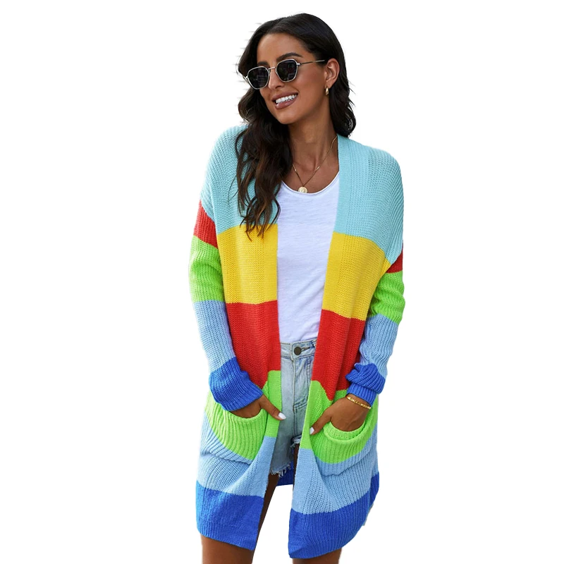 elegant women sweater cardigan ladies loose long sleeve girls rainbow color matching knit cardigan
elegant women sweater cardigan ladies loose long sleeve girls rainbow color matching knit cardigan