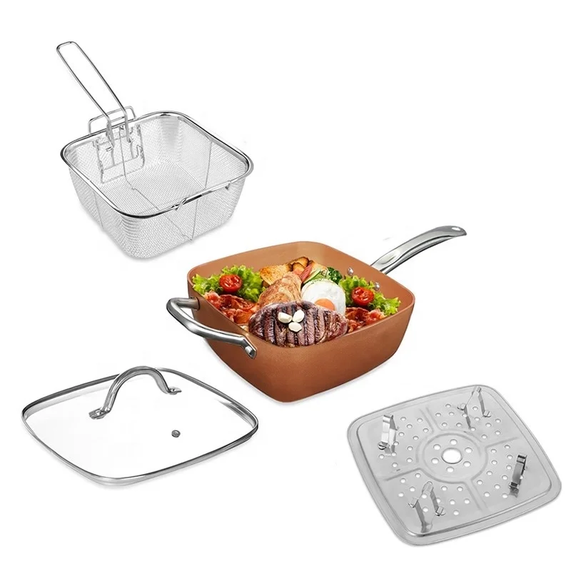 Multi Function Copper Square Deep Fry Pan Cookware Set Pressed Aluminum Fry Cook Series with Filter Plate and Steam Drawer
Multi Function Copper Square Deep Fry Pan Cookware Set Pressed Aluminum Fry Cook Series with Filter Plate and Steam Drawer