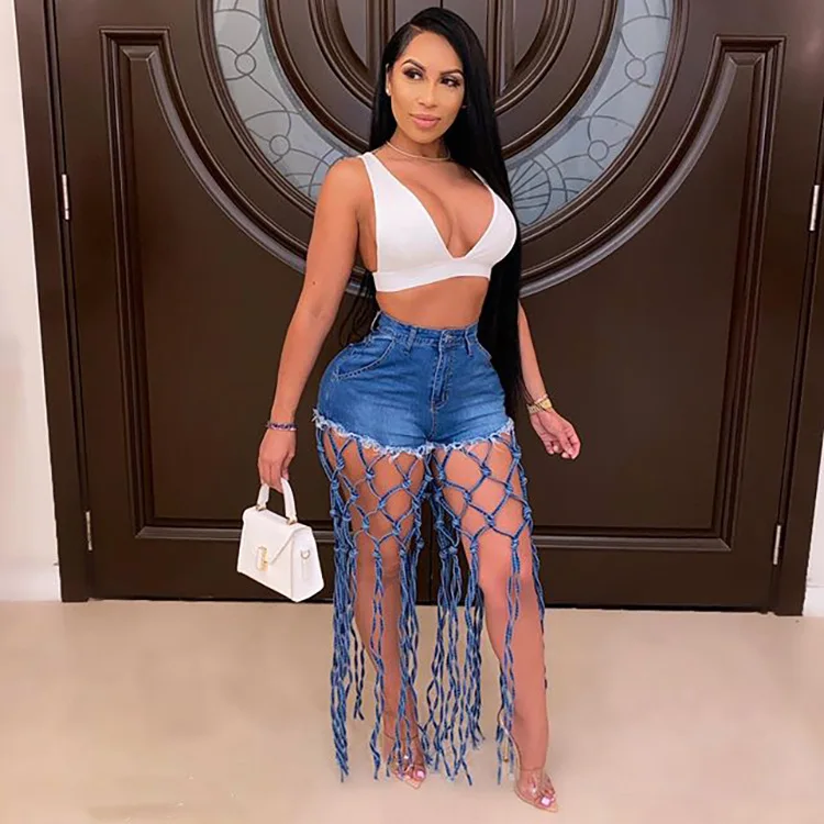 Newest high waist stretchy comfy denim jeans long tassel hot pants for wholesale, As pic show
Newest high waist stretchy comfy denim jeans long tassel hot pants for wholesale, As pic show