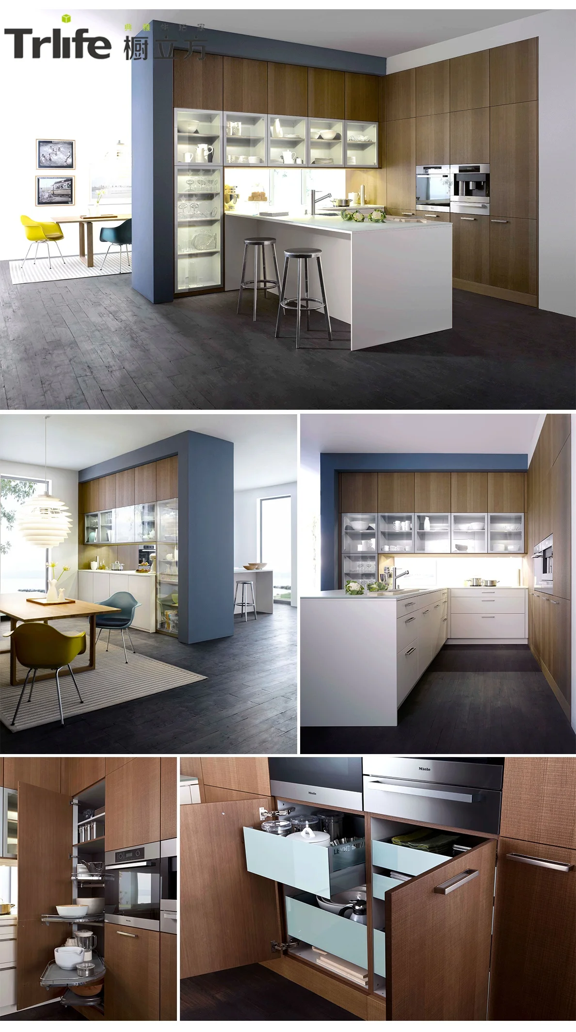 OEM Chinese factory customized inbuilt kitchen furniture kitchen pantries for storage wood grain and glass  kitchen cabinets