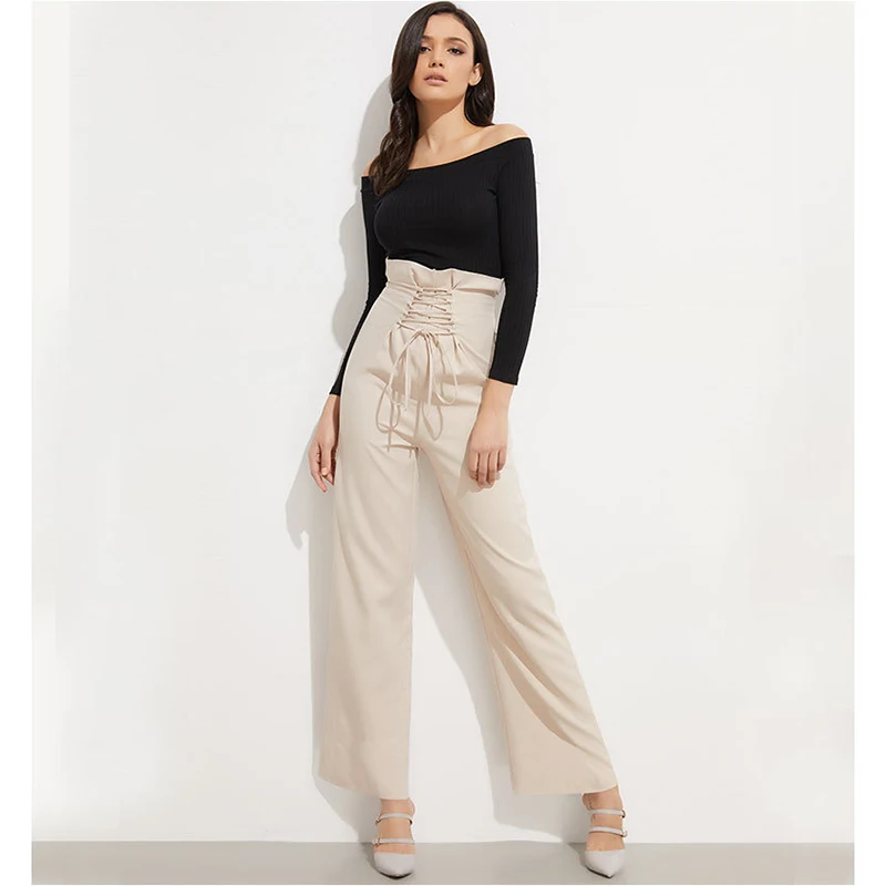 KQ-213 Hot sale high waist wide leg pants women clothing ruffled lace-up long trousers, As picture
KQ-213 Hot sale high waist wide leg pants women clothing ruffled lace-up long trousers, As picture