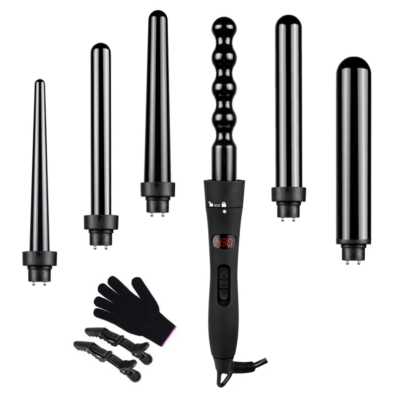

In Stock 6 In 1 Curling Iron Interchangeable Barrels Curler Hair Rollers Led Display Hair Curler Wand, Black