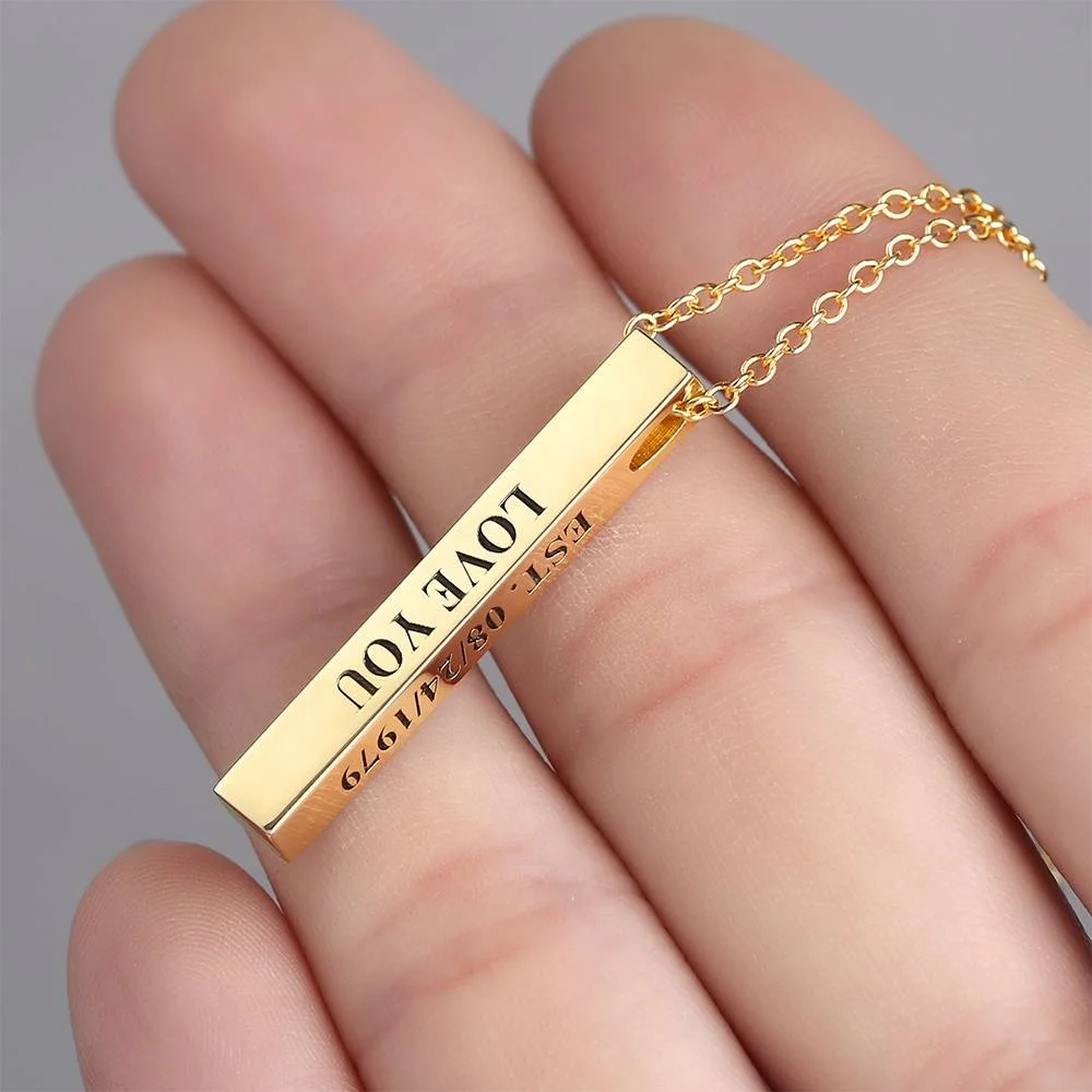 14K Gold Plated Four Sided Vertical Name Plate Necklace 3D Engraved Letter Bars Necklace 
14K Gold Plated Four Sided Vertical Name Plate Necklace 3D Engraved Letter Bars Necklace