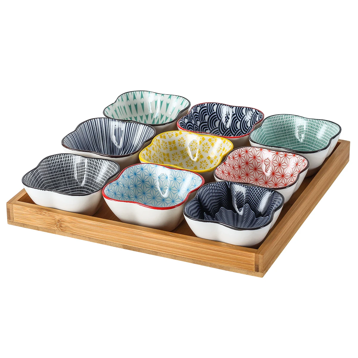 Hot Selling Bamboo Wood Bowl Serving Tray with Square Color glazed Porcelain Bowls, Different colors 
Hot Selling Bamboo Wood Bowl Serving Tray with Square Color glazed Porcelain Bowls, Different colors