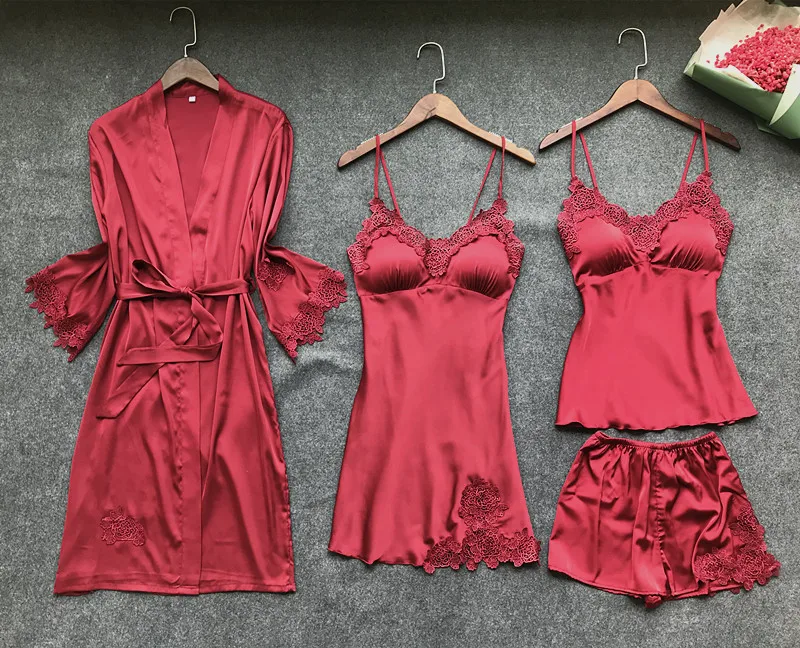 Four Pieces Women's Summer Ice Silk Girls Sleeping Suit Women's Sexy Lingeries Night Pajamas Suit With Chest Pad, Red/light pink/grey/black
Four Pieces Women's Summer Ice Silk Girls Sleeping Suit Women's Sexy Lingeries Night Pajamas Suit With Chest Pad, Red/light pink/grey/black