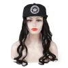 Long Kinky Straight Wig with Hat Black Synthetic Hair Baseball Cap Wig