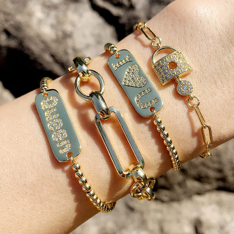 Punk Statement Inlaid CZ Lock Charm Bracelet Real Gold Plated Zircon Queen Letter Word Bracelets For Girls
Punk Statement Inlaid CZ Lock Charm Bracelet Real Gold Plated Zircon Queen Letter Word Bracelets For Girls