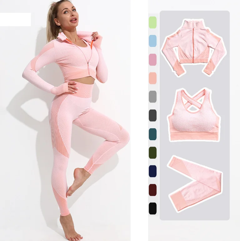 Wholesale Fitness Clothing 3 Piece Women Gym Yoga Wear Set Three 3 pcs Workout Seamless Long Sleeve Sports Suit With Jacket, Multi color optional
Wholesale Fitness Clothing 3 Piece Women Gym Yoga Wear Set Three 3 pcs Workout Seamless Long Sleeve Sports Suit With Jacket, Multi color optional