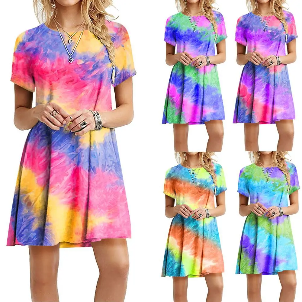 Women Tie-dye Print Casual Dress Short Sleeve A-line Dress Women Rainbow Gradient Color Printing Short Dresses, As shown
Women Tie-dye Print Casual Dress Short Sleeve A-line Dress Women Rainbow Gradient Color Printing Short Dresses, As shown