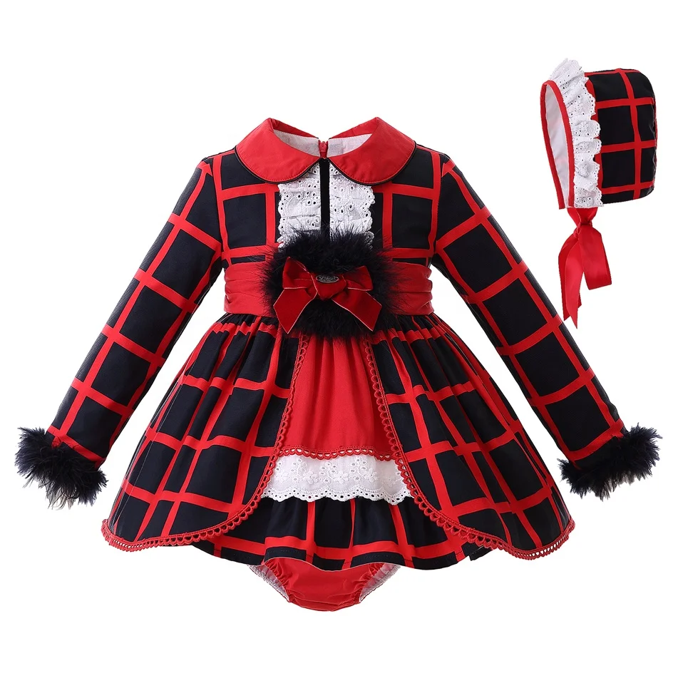 

Pettigirl Baby Girl Dresses Square Lattice With Headband Christmas Red Clothes
