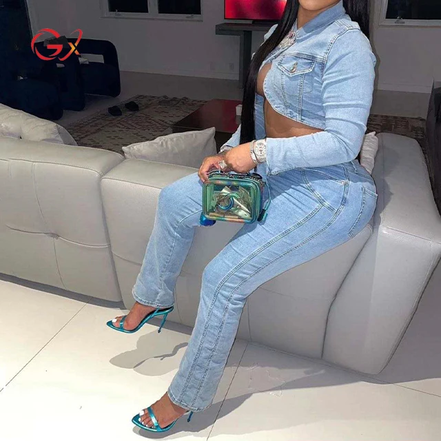GX2628 Autumn Fashion Solid Casual Denim Outfit Long Sleeve Cropped Jacket and Jeans Matching Set Women 2 Two Piece Pants Set
GX2628 Autumn Fashion Solid Casual Denim Outfit Long Sleeve Cropped Jacket and Jeans Matching Set Women 2 Two Piece Pants Set