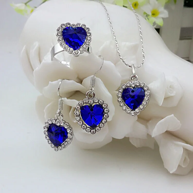 

Titanic Heart of Ocean Necklaces for Women Peach Female Love Engagement Earriings Heart Blue Crystal Zircon Ring Jewelry Sets, As shown