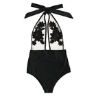 Sexy Flower Embroidery Halter Mesh One Piece Swimsuit