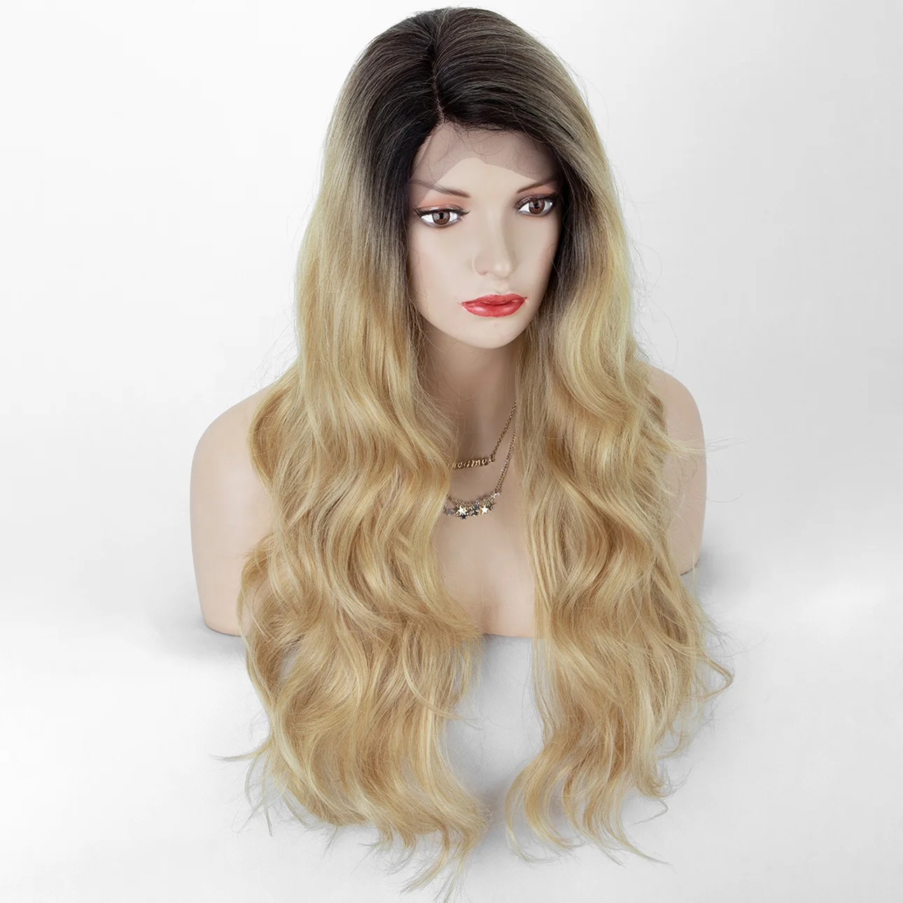 

Aliblisswig Natural Looking Dark Root Ombre Blonde Long Wavy Side Deep Parting Heat Resistant Fiber Hair Lace Synthetic Wigs