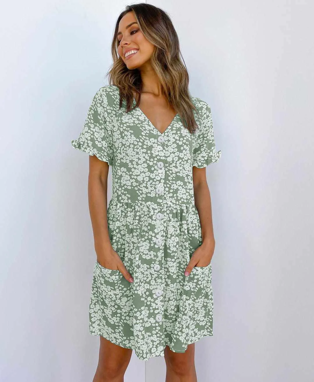 2021 Spring and Summer Hot Sale Short Sleeve Polka Dot Print Buttoned Pocket Dress, Picture color
2021 Spring and Summer Hot Sale Short Sleeve Polka Dot Print Buttoned Pocket Dress, Picture color
