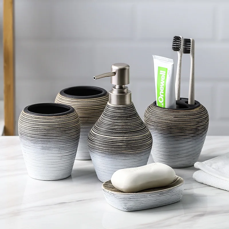 China Manufacturer Marble Pattern Porcelain Retro Brushed Five-piece Handmade Ceramic Toiletry Bathroom Set, Grey
China Manufacturer Marble Pattern Porcelain Retro Brushed Five-piece Handmade Ceramic Toiletry Bathroom Set, Grey