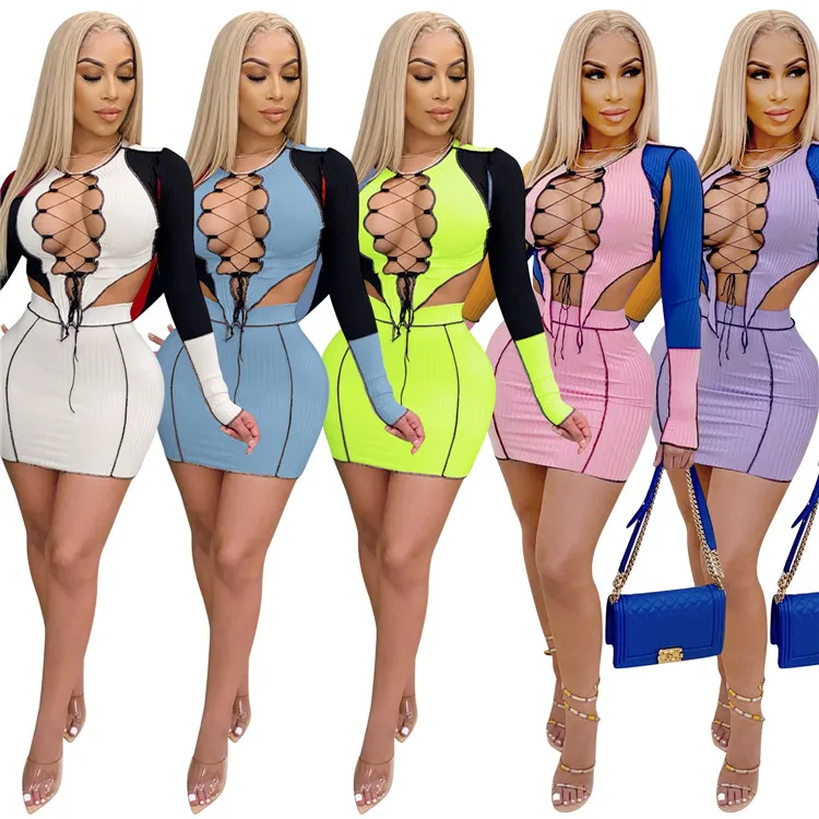 Color Patchwork Two Piece Sets Autumn Winter Long Sleeve Women'S Set Outfits Cut Out Crop Tops Mini Skirt Set Tracksuit, As picture
Color Patchwork Two Piece Sets Autumn Winter Long Sleeve Women'S Set Outfits Cut Out Crop Tops Mini Skirt Set Tracksuit, As picture