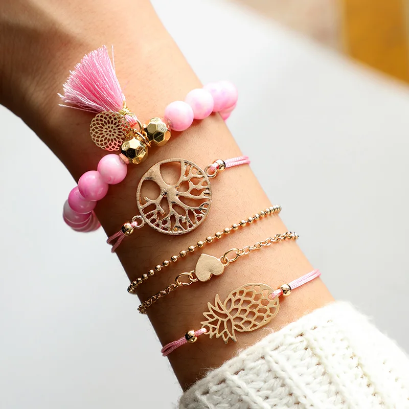 Latest 5 Pcs Gold Plated Life Tree Pineapple Heart Charm Bracelets Set Boho Pink Resin Beads Cotton Fringe Tassel Charm Bracelet
Latest 5 Pcs Gold Plated Life Tree Pineapple Heart Charm Bracelets Set Boho Pink Resin Beads Cotton Fringe Tassel Charm Bracelet