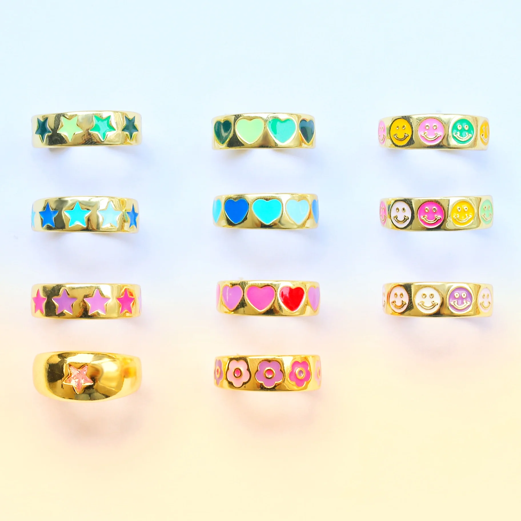 Delicate Lovely 18K Gold Plated Chunky Rings Heart Star Flower Smile Face Shape Drop Oil Enamel Colored Open Ring Women, Customized
Delicate Lovely 18K Gold Plated Chunky Rings Heart Star Flower Smile Face Shape Drop Oil Enamel Colored Open Ring Women, Customized