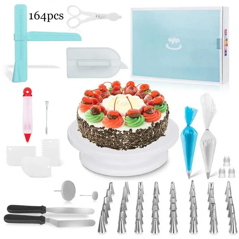 

164Pcs DIY Multi-function Cake Decorating Kit Cake Turntable Set Pastry Tube Fondant Tool Cake Kitchen Dessert Tools
