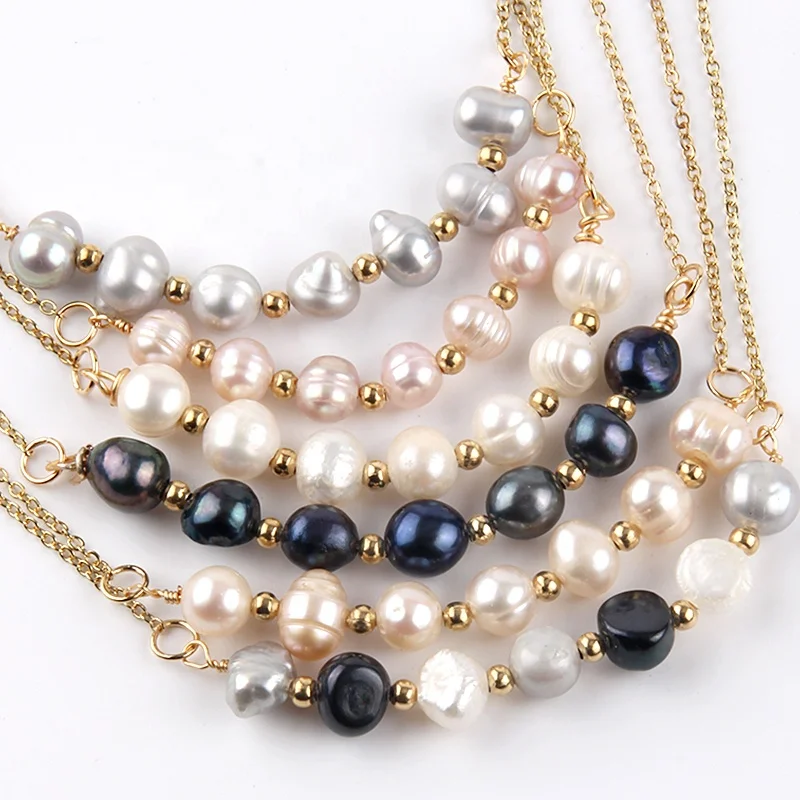 

Beautiful Zinc Alloy gold Thin Chain Women collar de perlas black pink white Choker Freshwater Pearl Necklace