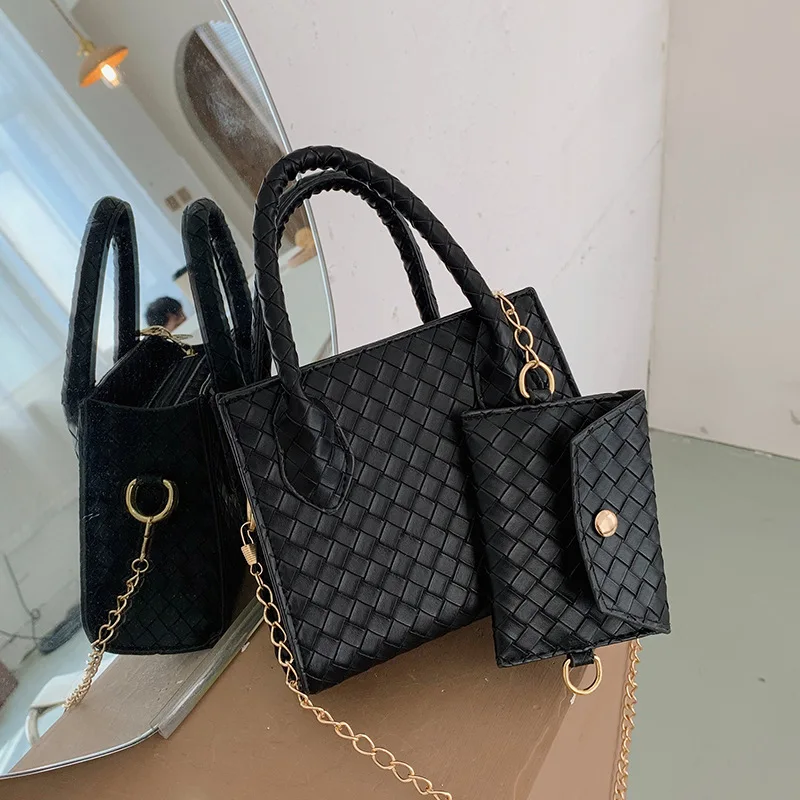 Wholesale custom fashion 2 in1 woven chain female mini purse and tote bag zipper black lady handbag women bag sets, 4 colors
Wholesale custom fashion 2 in1 woven chain female mini purse and tote bag zipper black lady handbag women bag sets, 4 colors