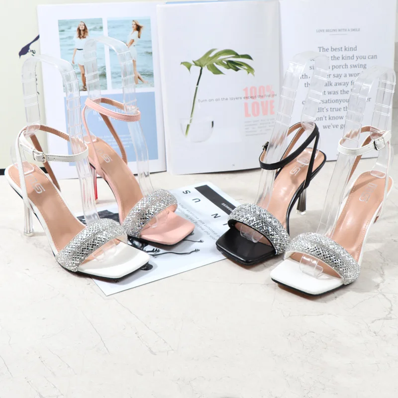 

2021 New Fashion Women Clear Heels Squared Open Toe Stiletto Rhinestone Sparkly Details Thin Straps High Heel Sandals